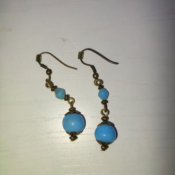 Azure Boho Earrings Dangles Hooks Beaded Blue Academia Anque Gold Metal Tone - Picture 2 of 5